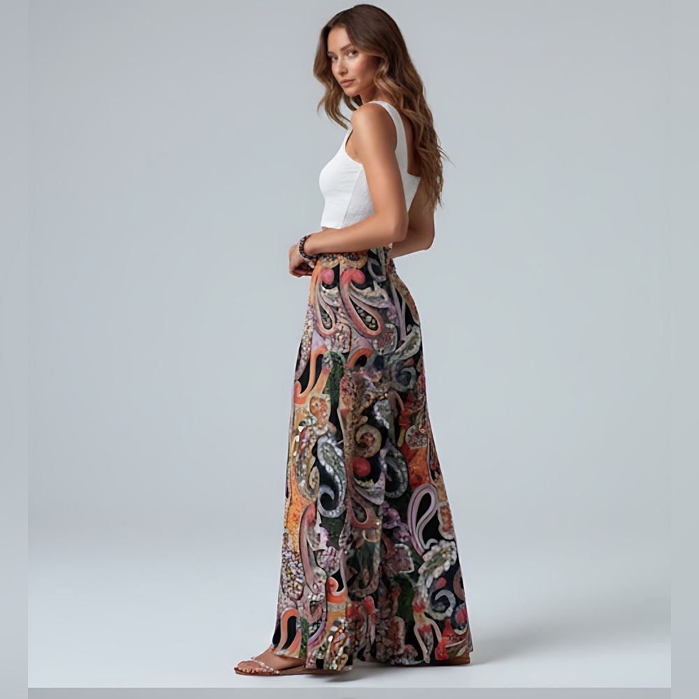 Paisley Print Wide Leg Pants Black - Picture 3 of 6
